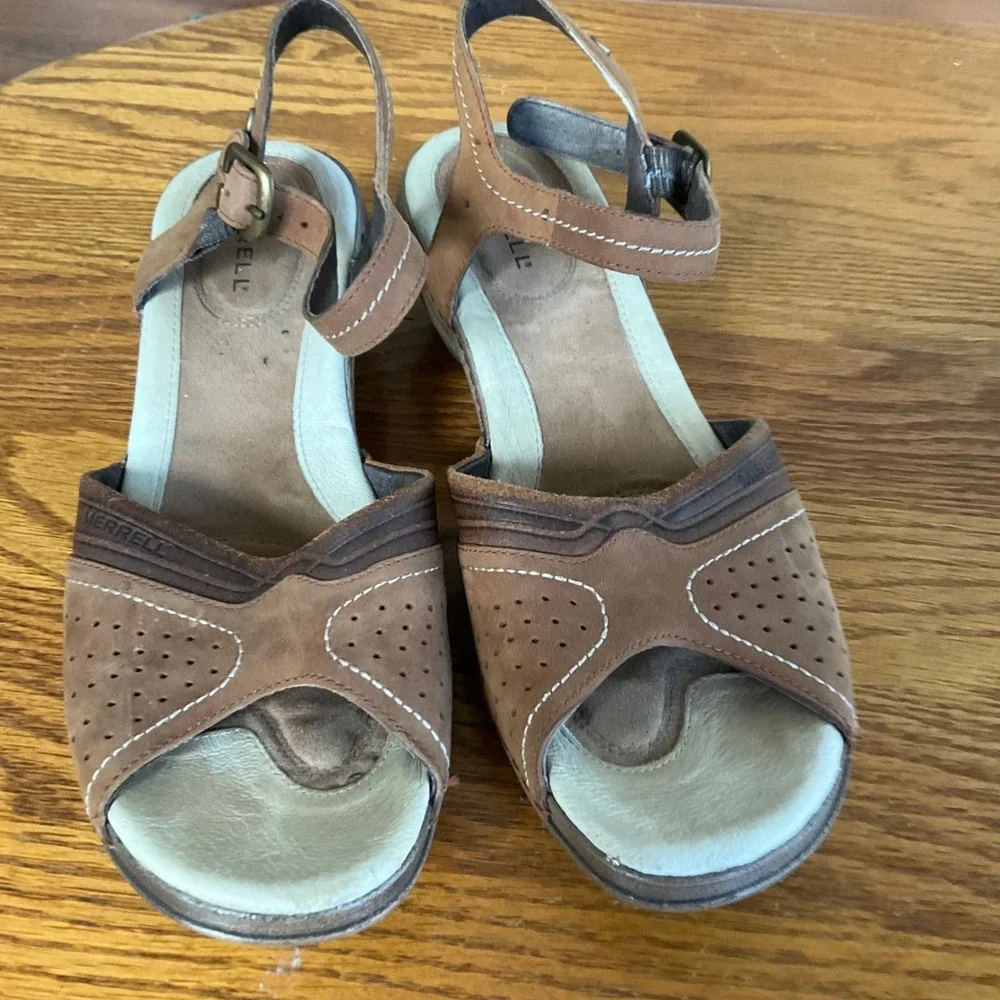 Merrell‎ Luxe Strap Bagpipe Sandals Womens 9 Brown Leather Wedge Ankle Strap